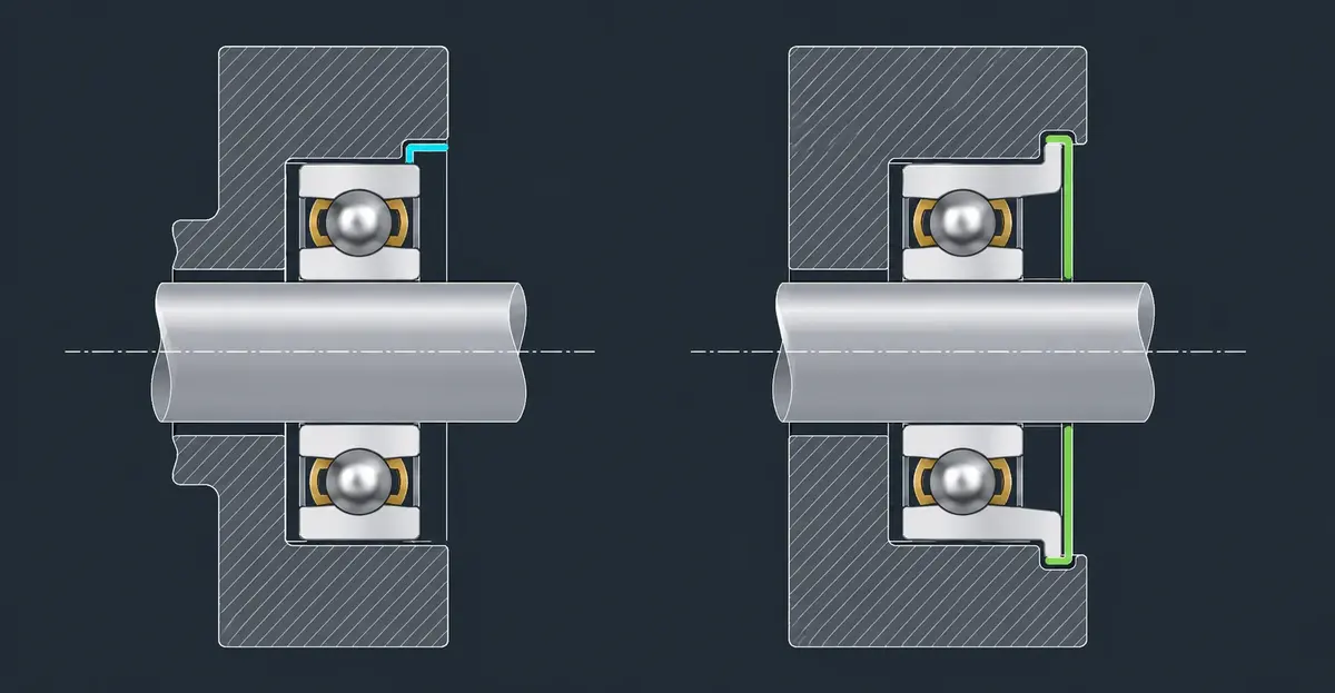 Schematic cross-section comparing a plain miniature bearing outer ring seated against a housing shoulder with a flanged outer ring whose integral lip seats against a flat housing face
