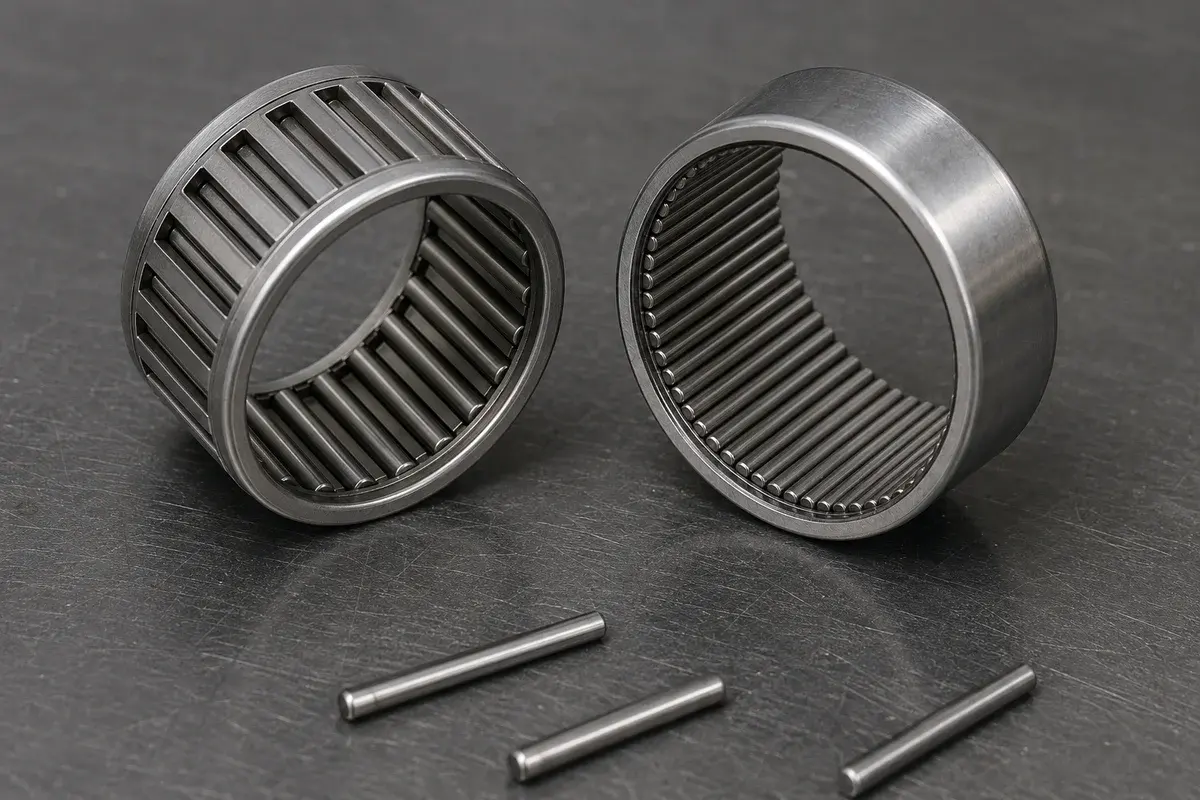 Two needle roller bearings side by side: the left one caged with its needle rollers spaced apart by cage bars, the right one full complement with no cage and roughly twice as many rollers packed together, with three loose needle rollers in the foreground showing their slender pin shape