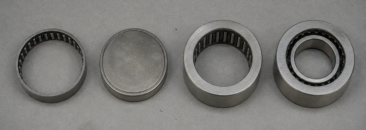 Four needle roller bearings photographed from above in a row: an open-end drawn cup and a closed-end drawn cup with thin stamped walls, then a machined-ring bearing and a machined-ring bearing with an inner ring, both with visibly thicker walls