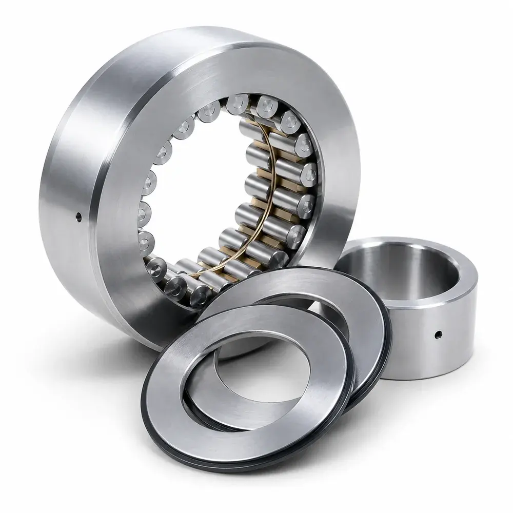Backing bearing assembly showing the inner cylindrical roller cartridge, outer race sleeve, and seal rings used in Sendzimir cluster mills