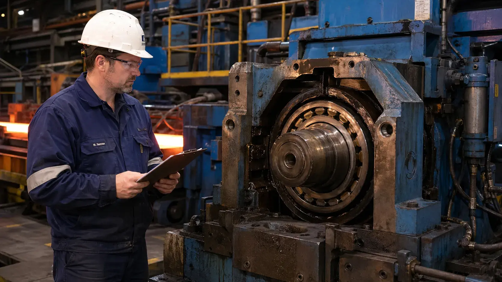 Four-row cylindrical roller bearing inside a rolling mill chock assembly, the standard work-roll bearing for hot strip and plate mills