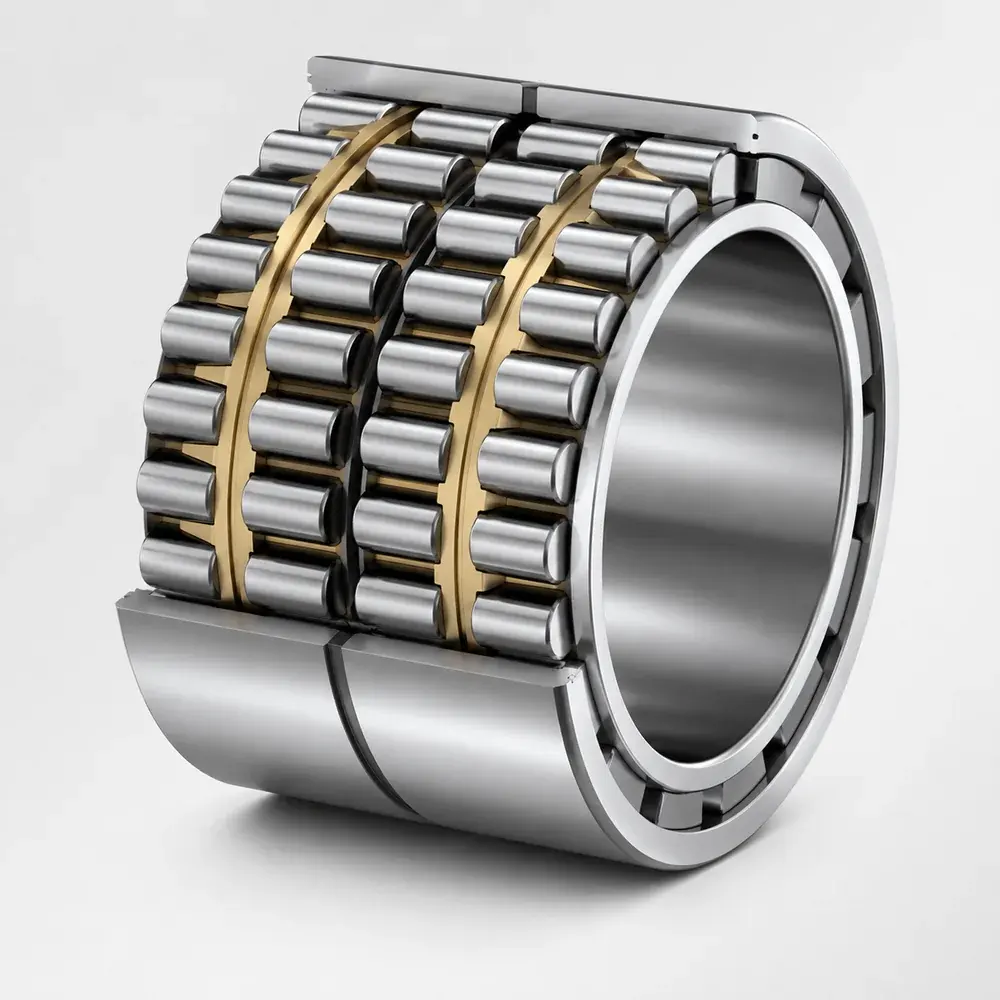 Four-row cylindrical roller bearing showing the four rows of rollers, brass cages, and double inner rings that deliver the highest radial load capacity per unit envelope