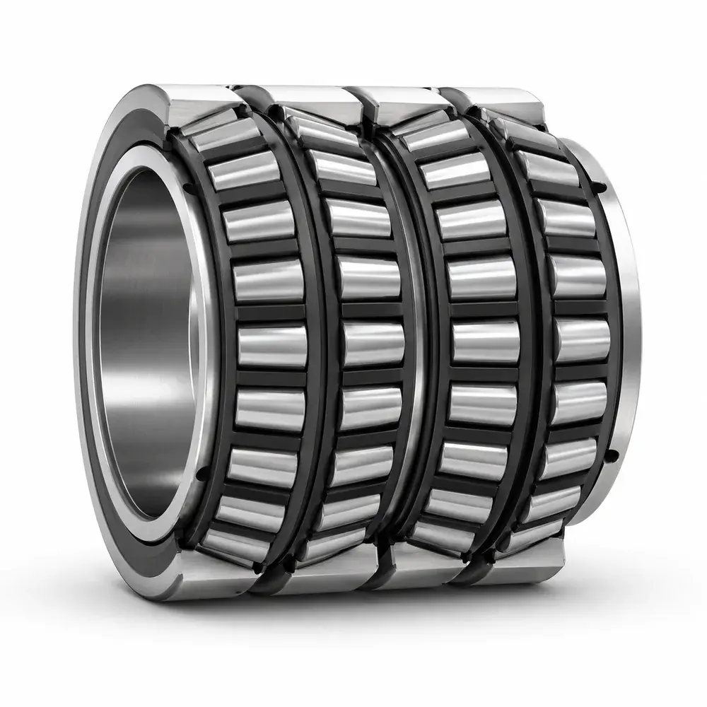 Four-row tapered roller bearing showing the four rows of tapered rollers that handle bidirectional axial load without a separate thrust bearing