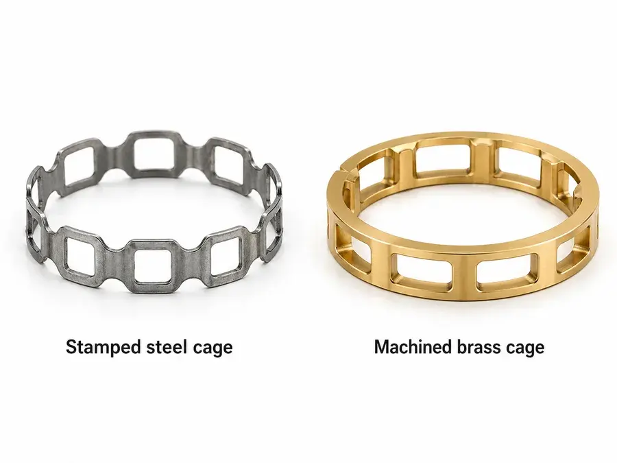 Stamped steel cage vs machined brass cage — brass cages offer self-lubrication and vibration damping for rolling mill bearing applications