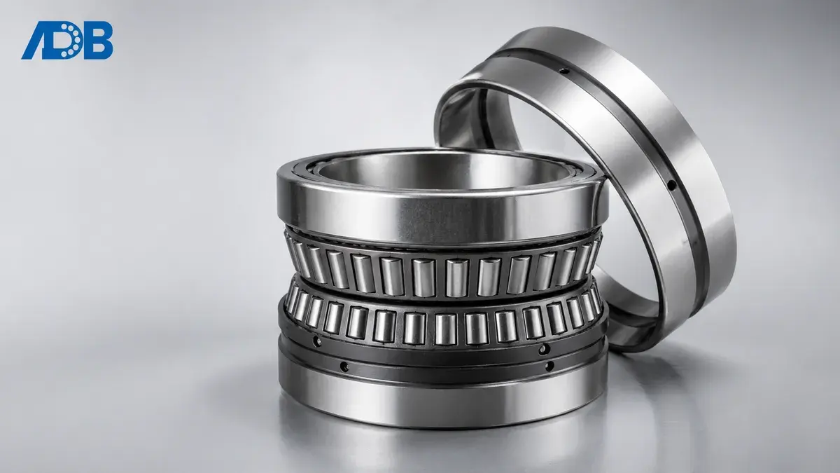 Four-row tapered roller bearing with a separate outer ring leaning behind it on a light grey studio background