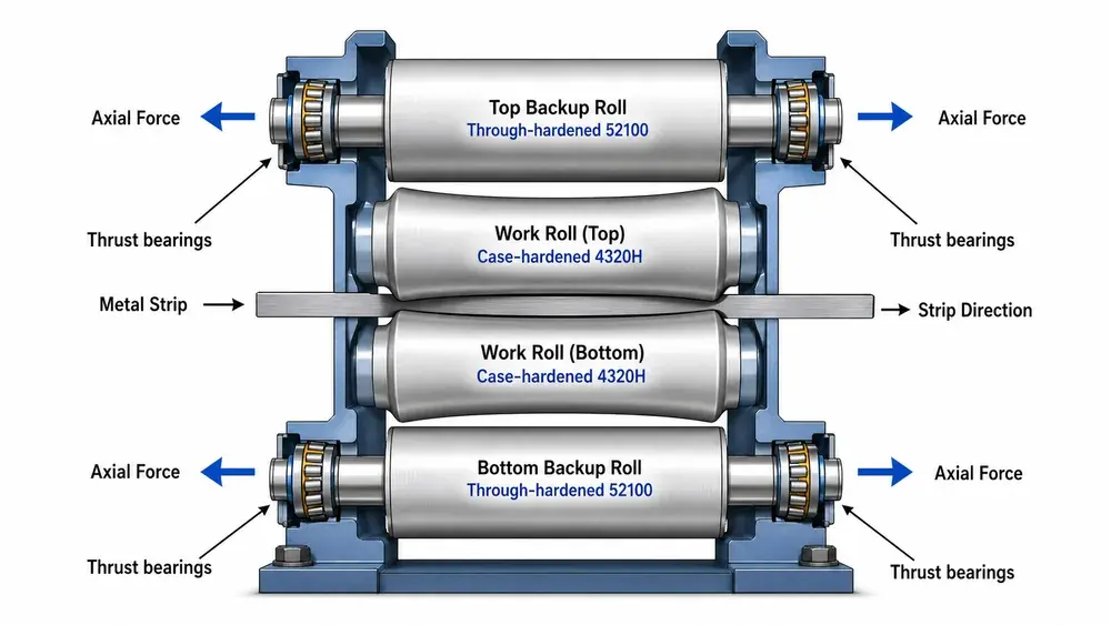 Rolling mill stand diagram showing bearing material recommendations by position — through-hardened 52100 for backup rolls, case-hardened 4320H for work rolls, with thrust bearing and strip direction labeled
