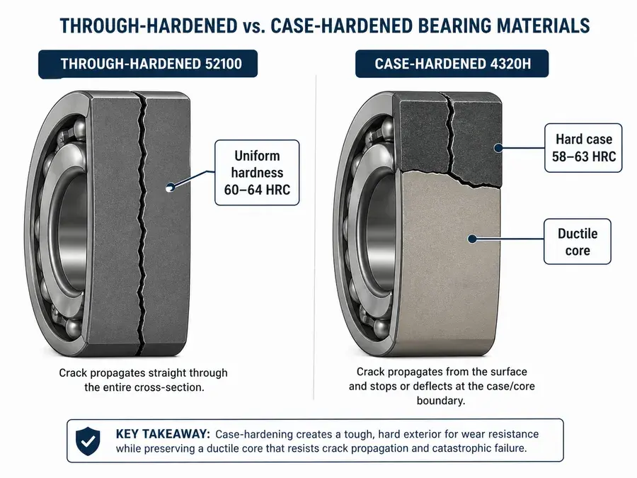 Through-hardened 52100 vs case-hardened 4320H bearing cross-section — crack propagation comparison showing how case-hardening stops cracks at the case/core boundary