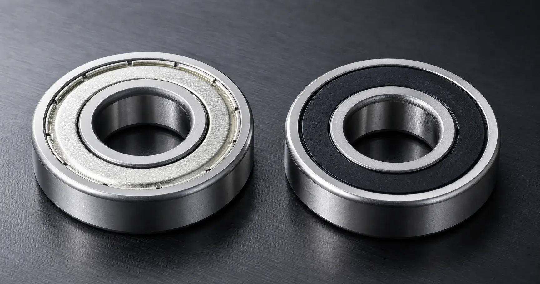 Two deep groove ball bearings side by side on a dark surface: a bright pressed-steel shielded bearing on the left and a black rubber contact sealed bearing on the right