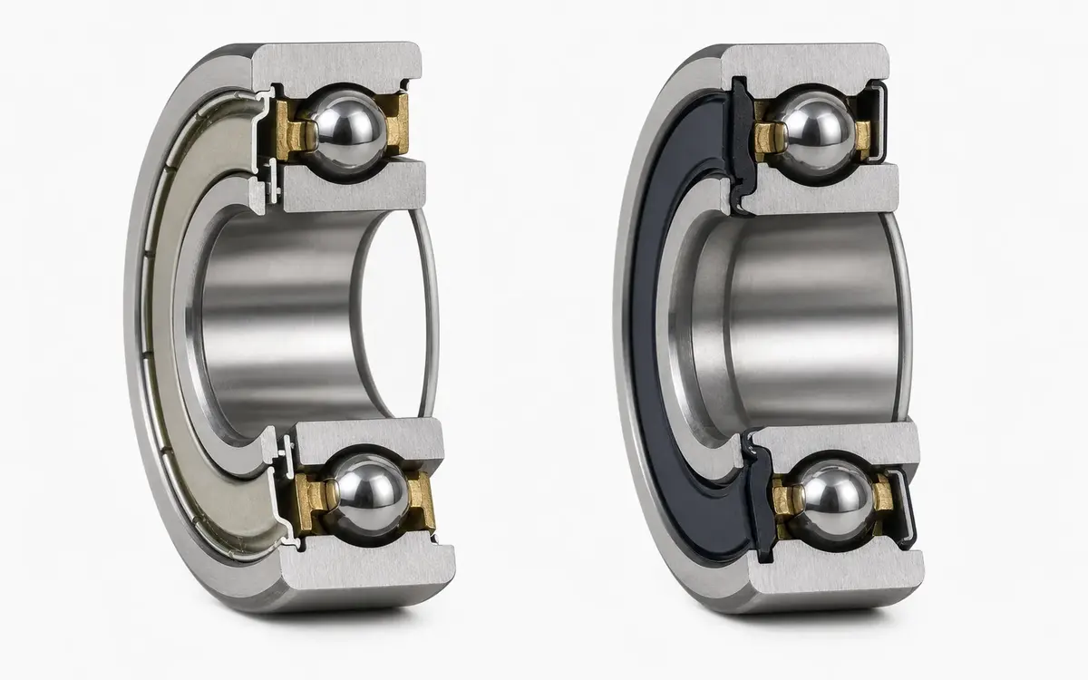 Cross-section cutaway of a shielded bearing showing the radial gap versus a sealed bearing with rubber lip contact on the inner ring