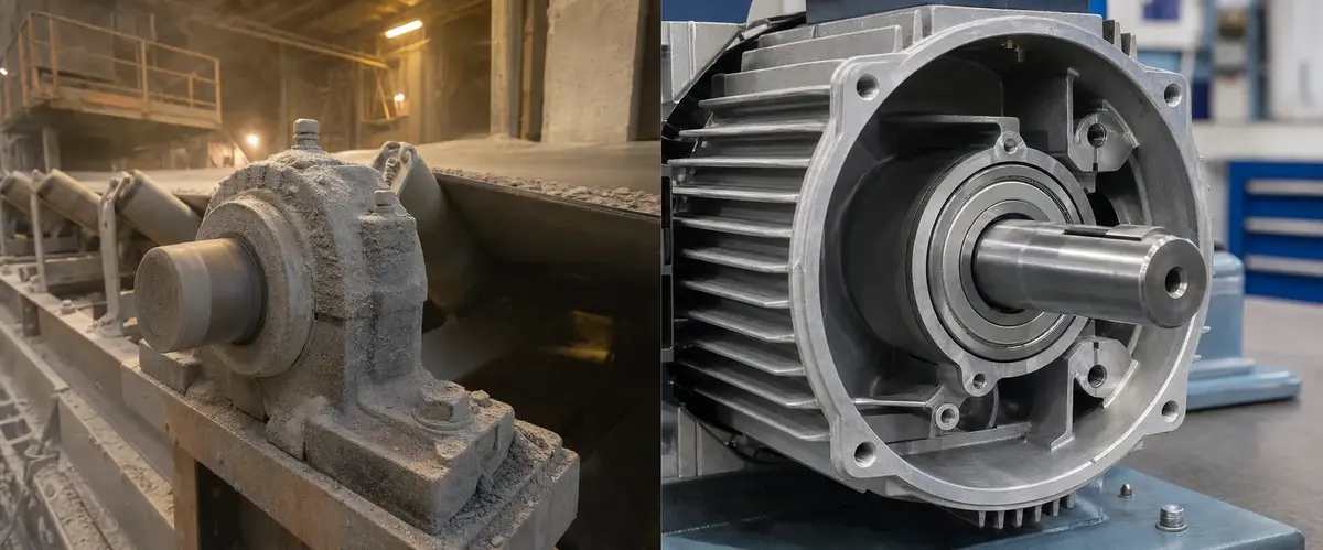 Dusty industrial conveyor environment requiring sealed bearings versus clean electric motor interior suited for shielded bearings