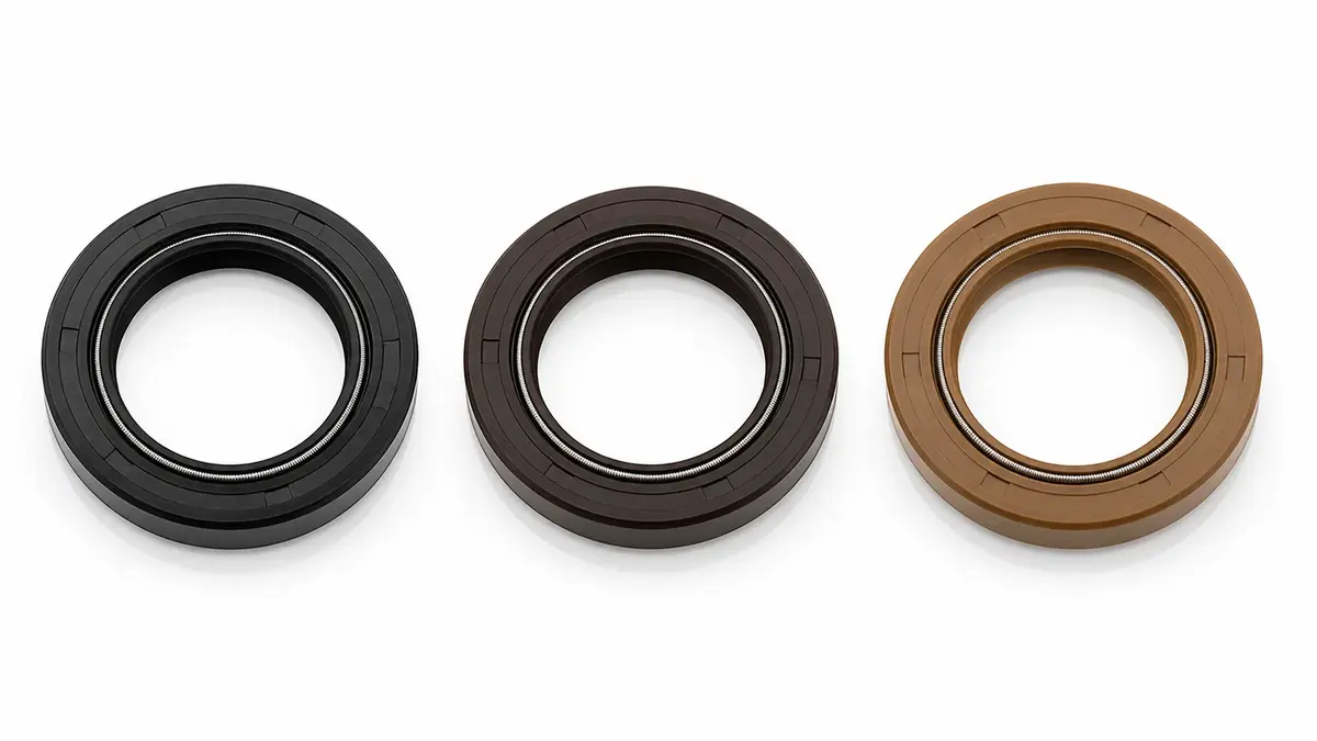 Three bearing seal materials showing NBR (black), HNBR (dark brown), and FKM Viton (tan) with increasing temperature resistance