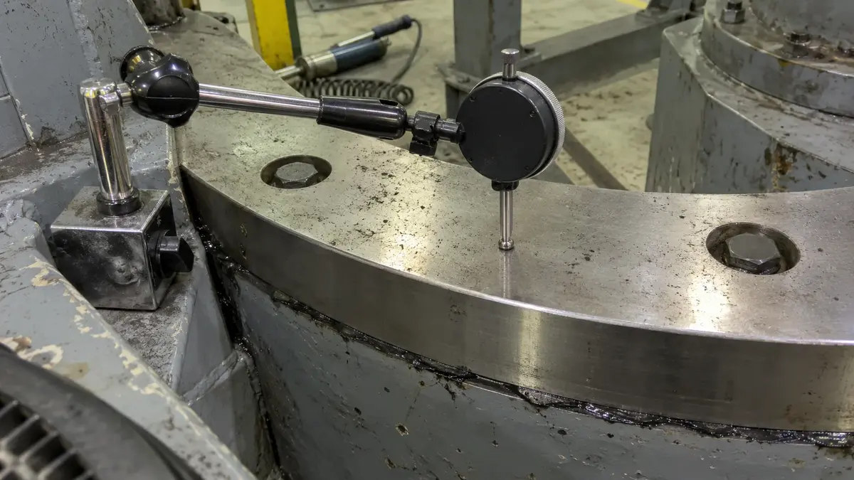 A dial indicator measuring axial tilting clearance on a large slewing arrangement, its magnetic base clamped to the painted steel substructure and its stem standing vertically on the machined top face of the upper ring, with two hexagon bolt heads sunk into counterbores in that same face