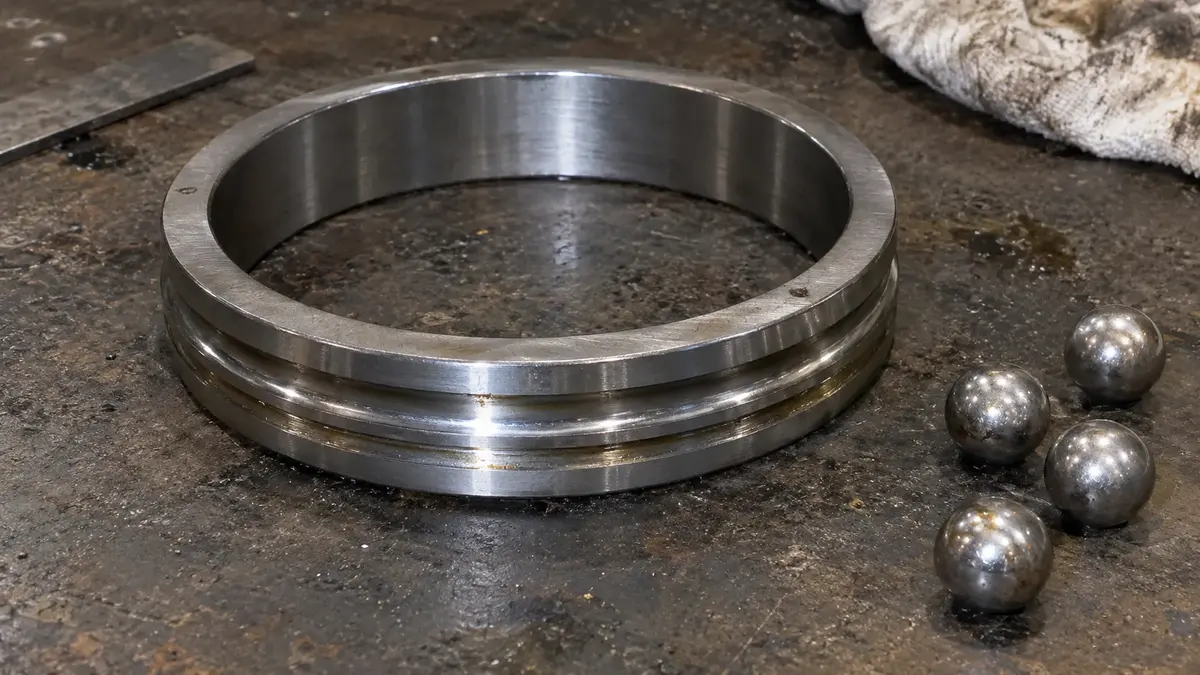 The bare inner ring of a four-point contact ball bearing lying on a workbench with four loose steel balls beside it, the raceway ground into its outer surface as a single groove whose floor carries two shallow arcs separated by a low crest, the gothic arch geometry that gives two contact points per ring