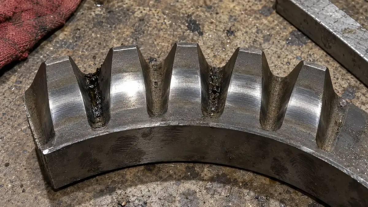 A short arc of a steel gear segment on a workbench, its straight spur teeth seen end-on so the involute tooth profile and the rounded root fillets read clearly, with dark grease packed into two of the tooth roots and the bright band across each tooth end face showing machining finish rather than a contact pattern