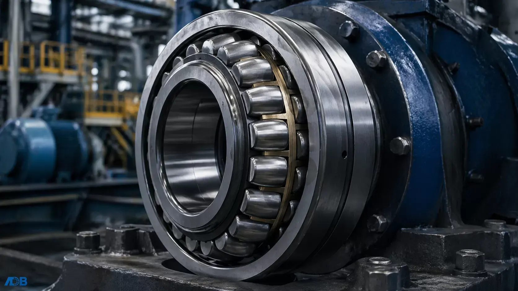 Large spherical roller bearing mounted on a shaft in a heavy industrial plant, its brass cage and barrel rollers visible against blue machinery in the background