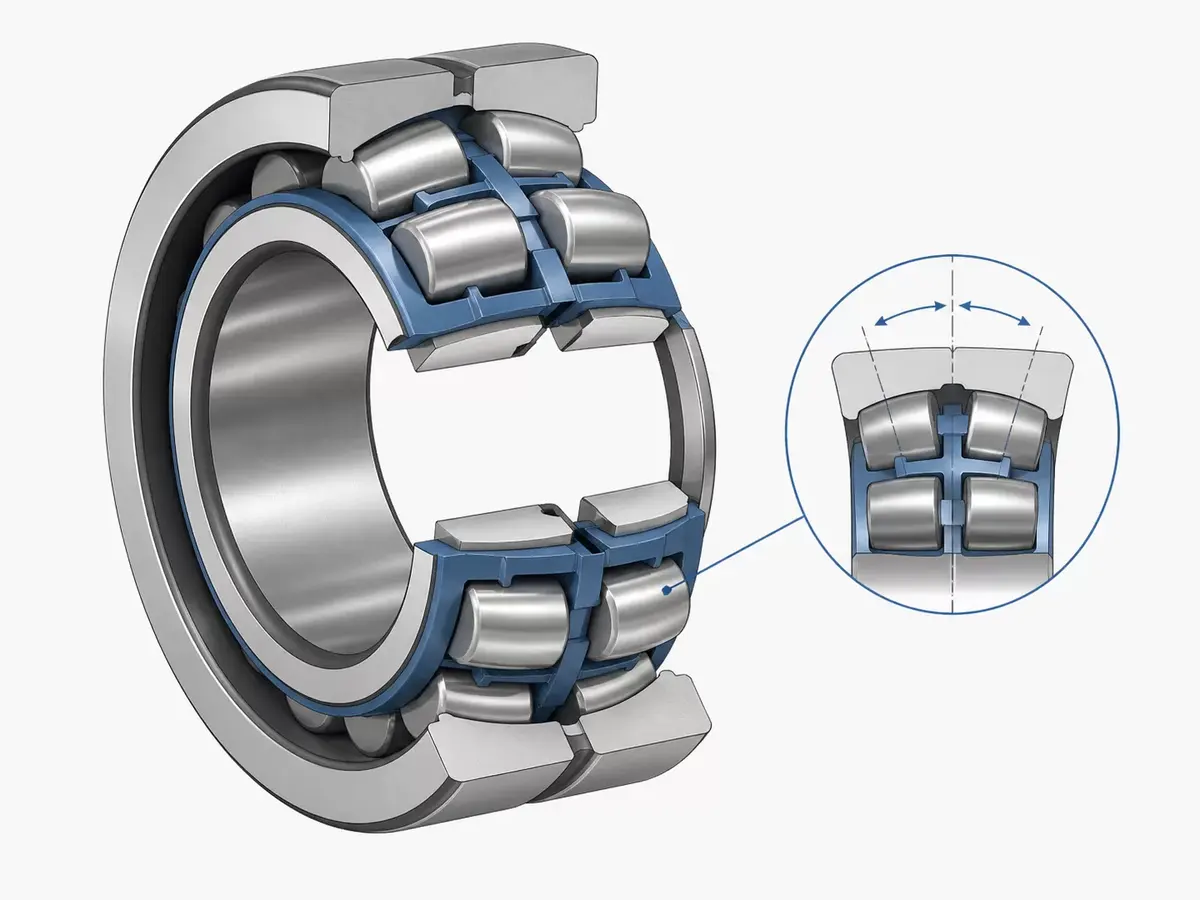 Spherical roller bearing cross-section showing concave outer ring raceway and barrel-shaped rollers, illustrating the self-aligning design