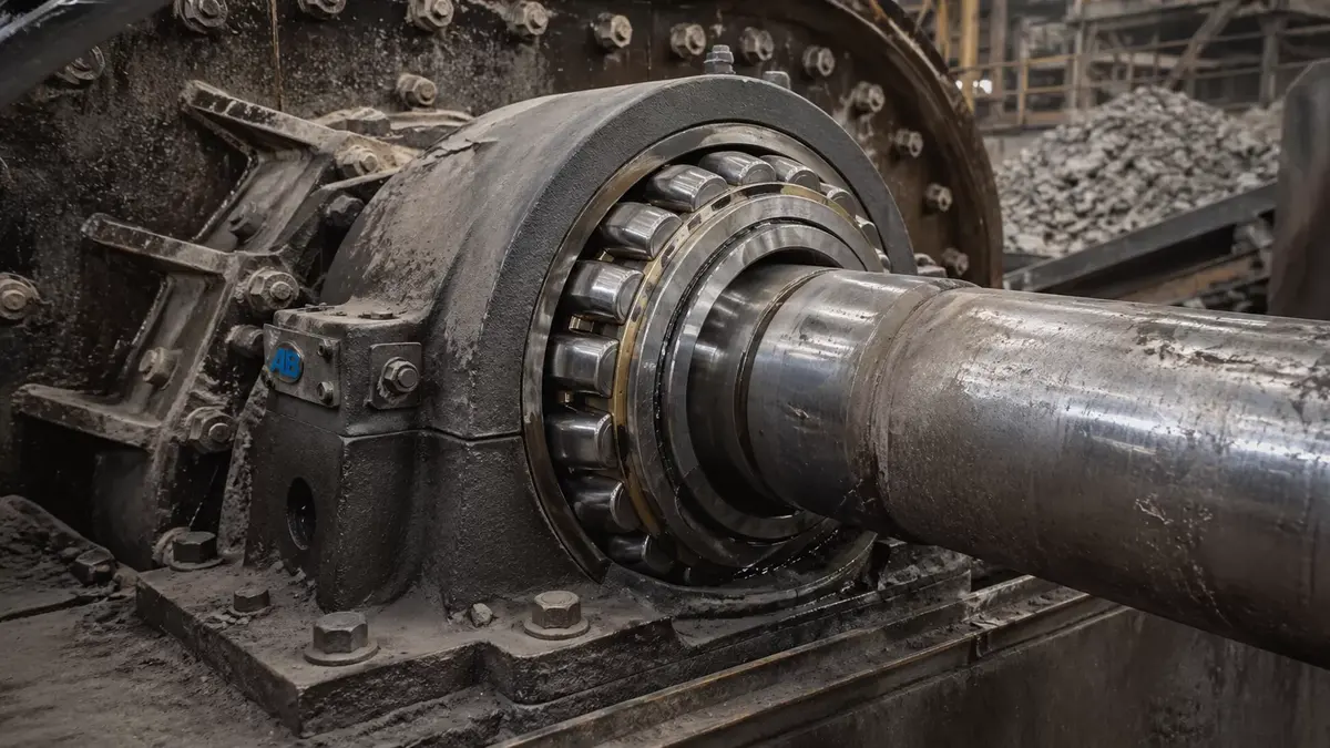 Spherical roller bearing installed in a crusher main shaft pillow block housing for a mining bearing application