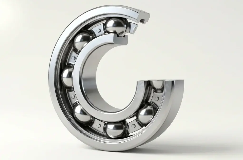 Cross-section of a deep groove ball bearing showing inner race, outer race, ball, and cage