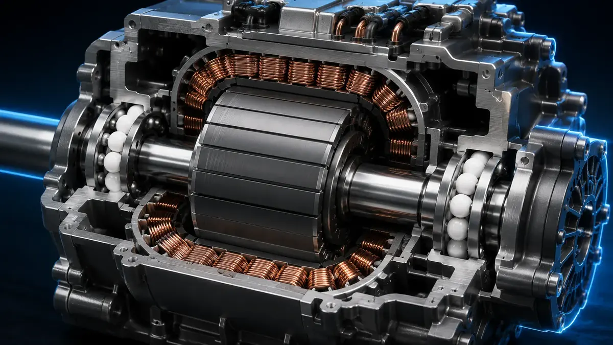 EV traction motor showing ceramic hybrid ball bearings used to handle high speeds and inverter-induced shaft currents