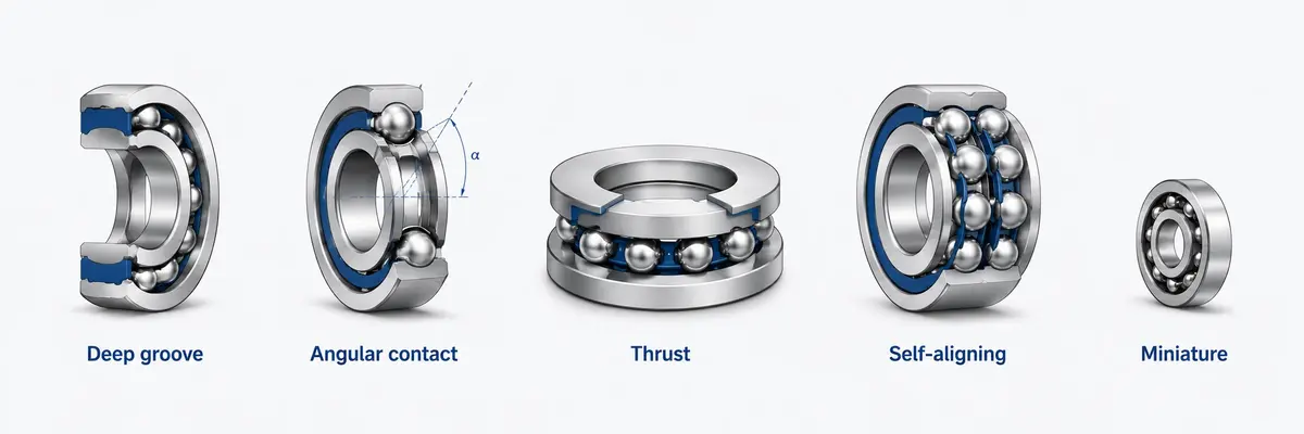 Side-by-side comparison of the five common ball bearing types: deep groove, angular contact, thrust, self-aligning, and miniature