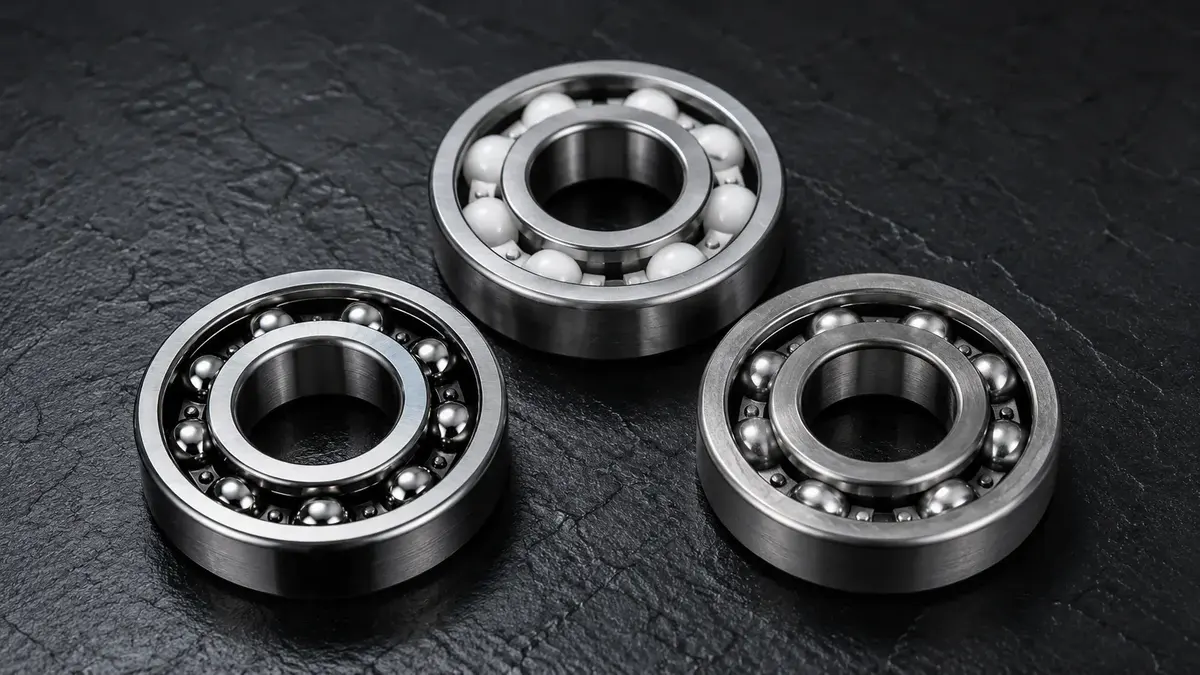 Visual comparison of chrome steel, stainless steel, and ceramic hybrid ball bearing materials