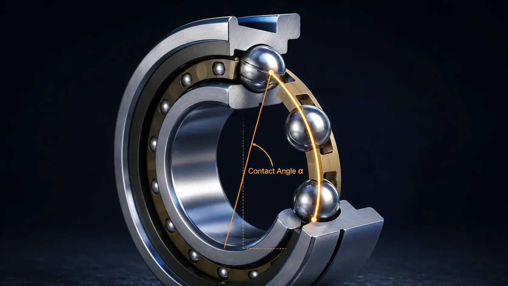 Cutaway angular contact ball bearing with the contact angle alpha marked in orange through the ball and raceway contact points