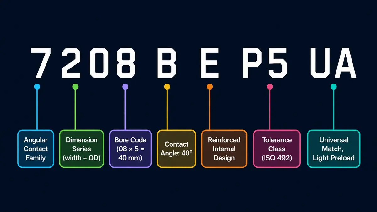 Callout graphic decoding the angular contact bearing designation 7208 B E P5 UA into family, dimension series, bore code, contact angle, internal design, tolerance class and matching code