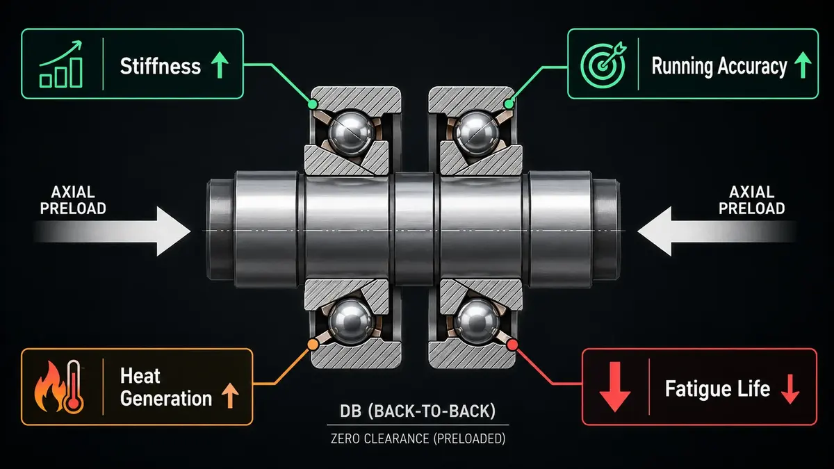 Diagram of preload in a paired angular contact bearing set, showing an axial force pushing the two bearings together with callouts for stiffness, running accuracy, heat generation and fatigue life