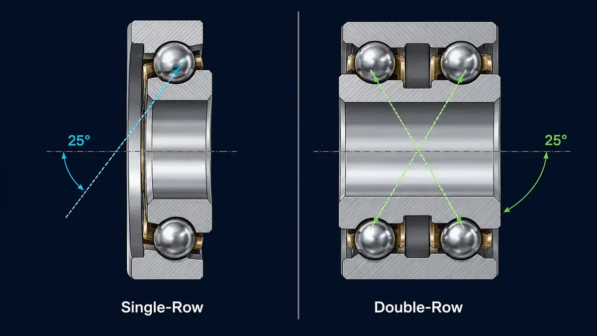 Side-by-side cross-section comparing a single-row angular contact bearing with one set of balls against a double-row unit with two opposing rows of balls in a common outer ring