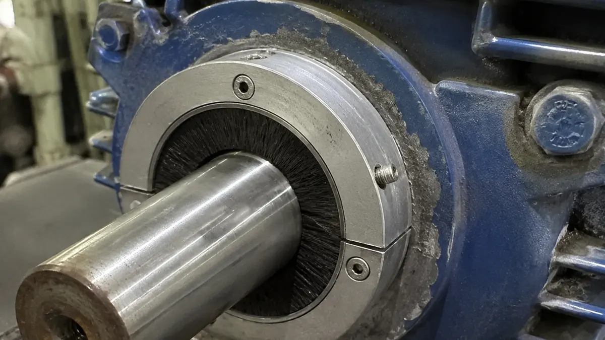 Conductive shaft grounding ring installed on a motor shaft to give shaft current a low-resistance path away from the bearing, without which every replacement bearing repeats the same damage