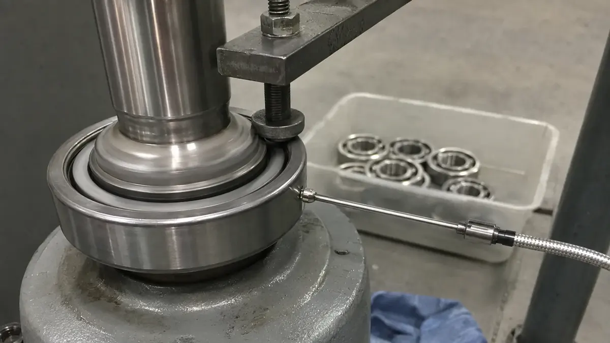 Bearing vibration measurement in progress with the inner ring driven by a precision spindle, the outer ring held stationary under preload, and a velocity sensor reading vibration velocity from the outer ring surface