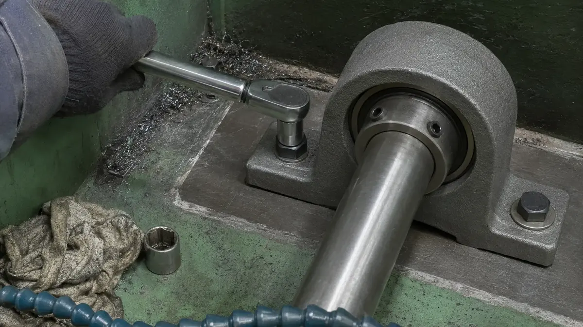 A torque wrench tightening the hold-down bolt of a pillow block bearing housing to its base in a cross pattern, the mounting step that seats the plummer block flat before the shaft locking is set