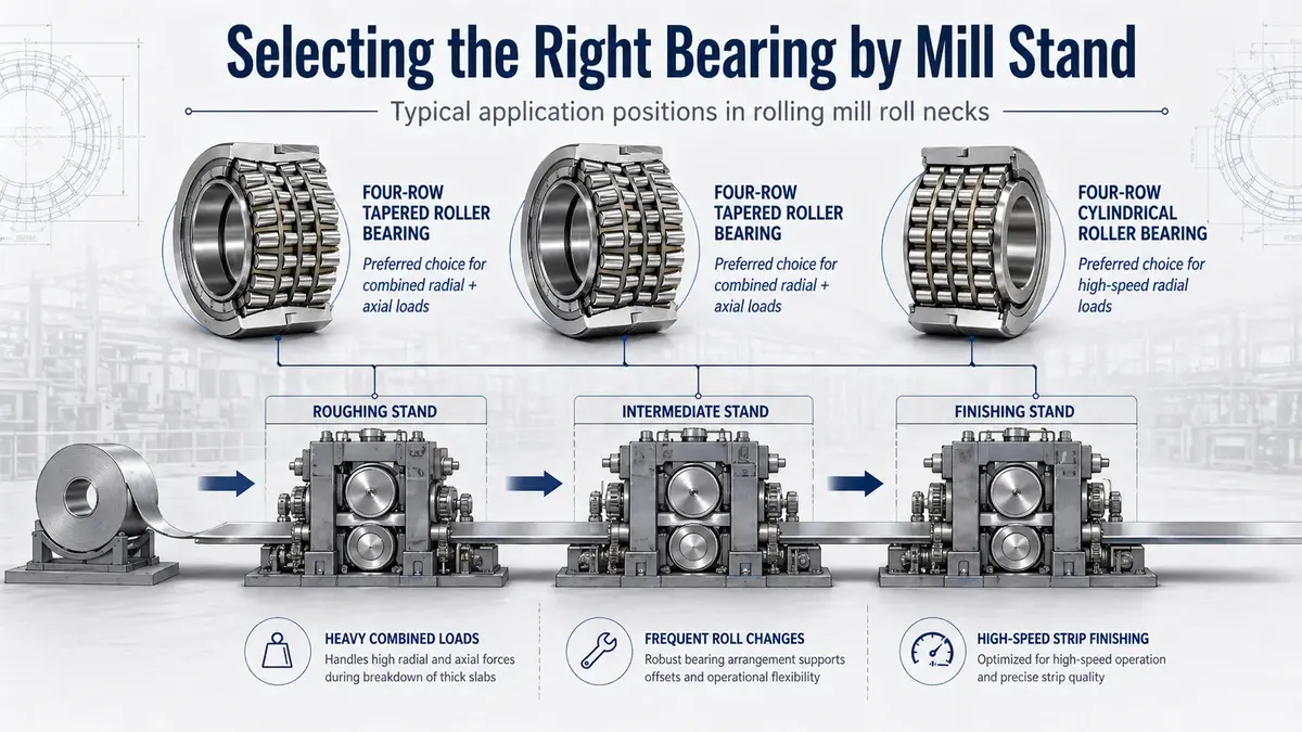 Selecting the right bearing by mill stand: tapered roller bearings for roughing and intermediate stands, cylindrical roller bearings for high-speed finishing stands