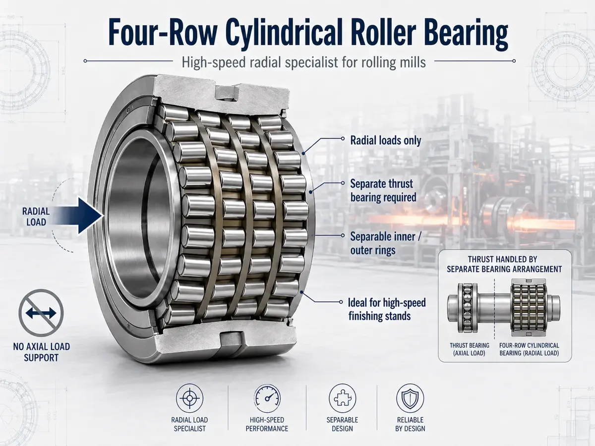 Four-row cylindrical roller bearing showing radial-only load path, separable inner and outer rings, and the separate thrust bearing arrangement required in finishing-stand applications