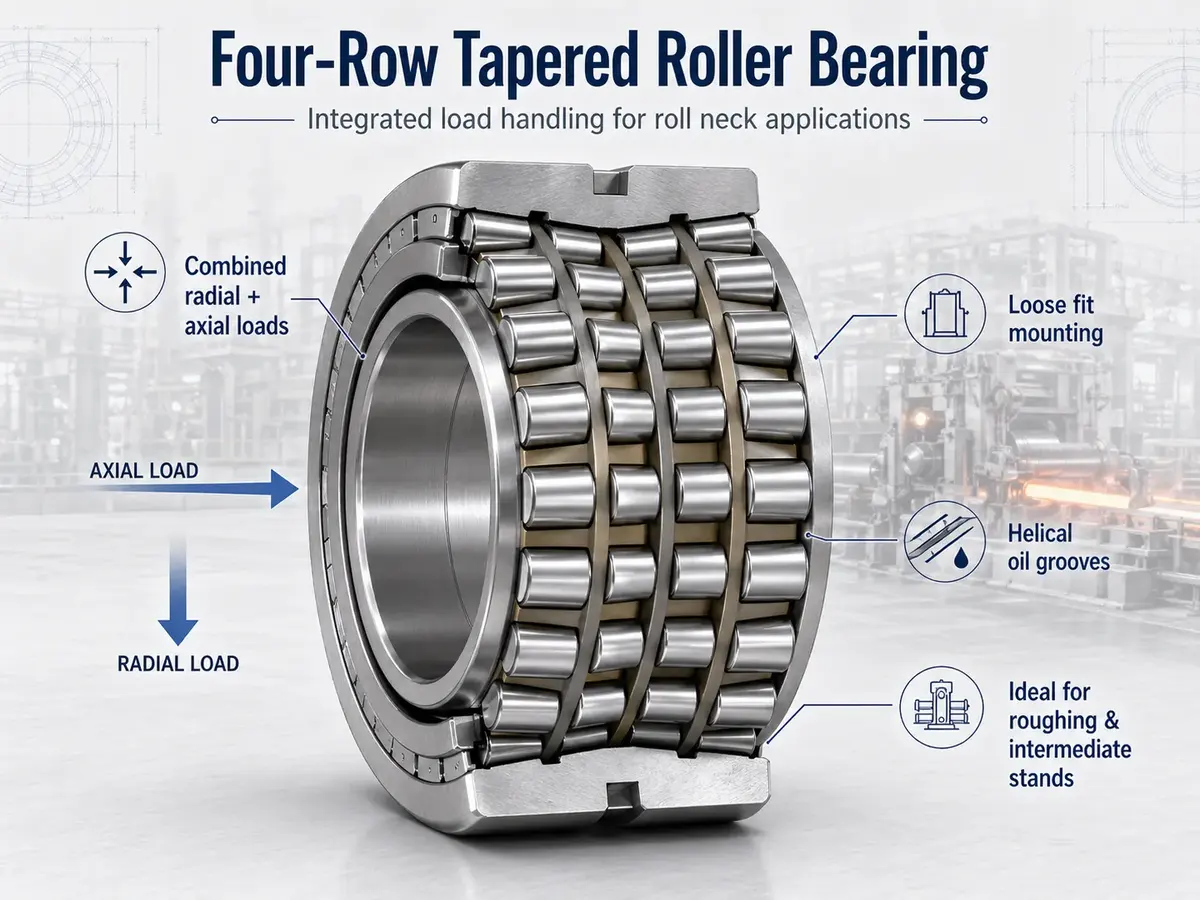 Four-row tapered roller bearing showing combined radial and axial load paths, loose fit mounting, and helical oil grooves for roll neck applications