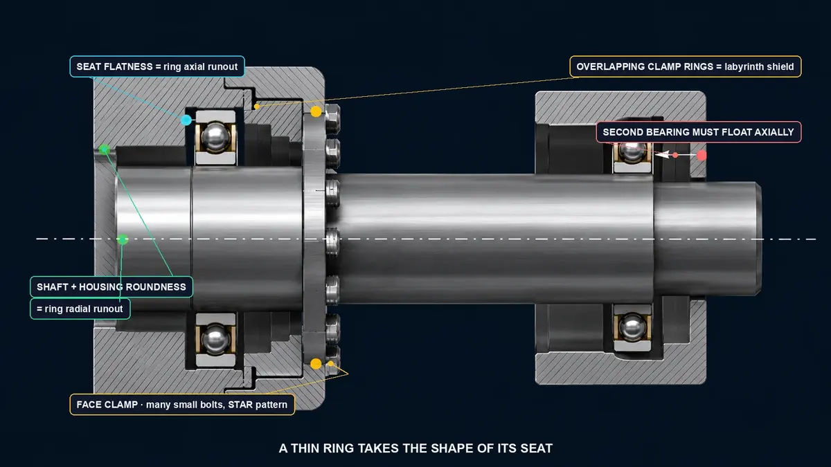 Annotated cross-section of a thin section bearing mounting arrangement, with callouts for seat flatness matching ring axial runout, shaft and housing roundness matching radial runout, overlapping clamp rings forming a labyrinth shield, a face clamp bolted in a star pattern, and a second bearing free to float axially
