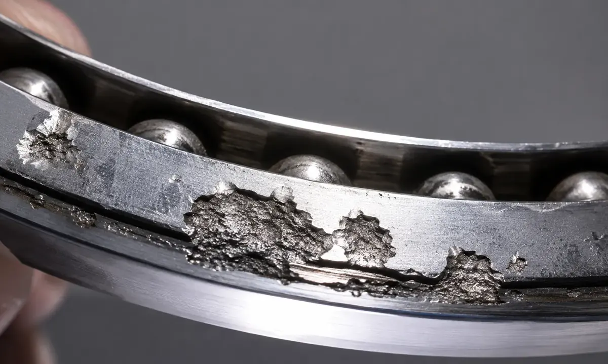 Close-up macro of a damaged thrust bearing raceway showing severe fatigue spalling where metal has flaked away from the running surface