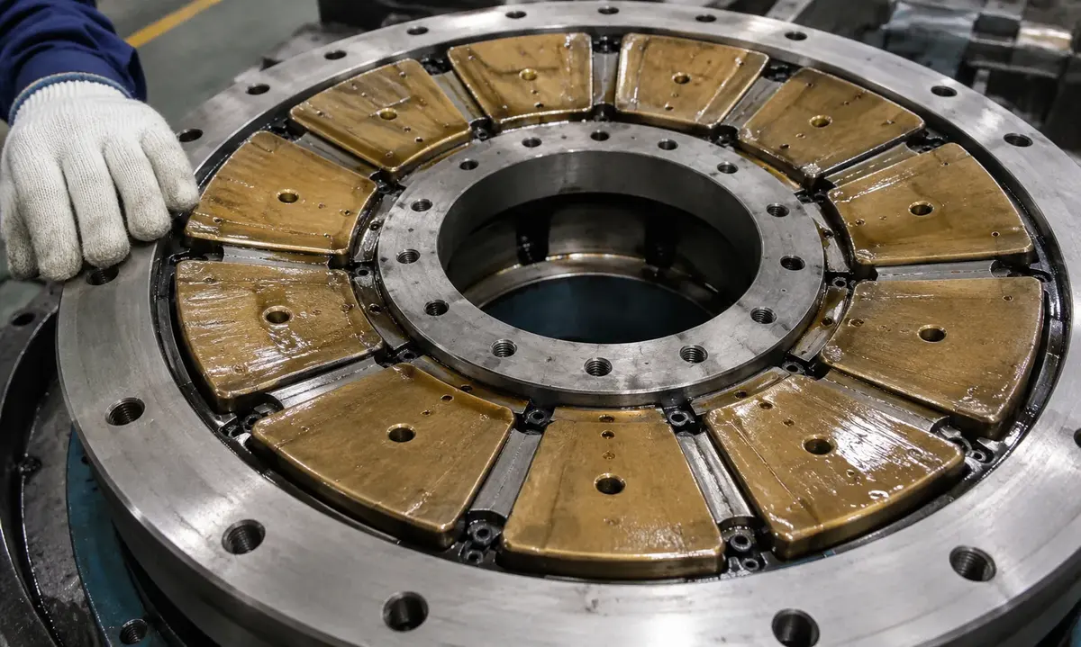 Large tilting-pad thrust bearing with babbitt-lined sector pads visible inside steel housing, held by gloved hands in a workshop setting