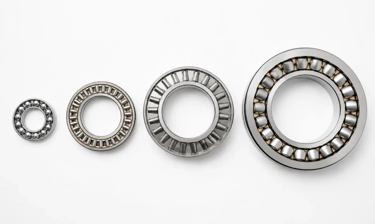 Four different thrust bearing types arranged left to right by increasing size: thrust ball, needle roller, cylindrical roller, and spherical roller thrust bearings